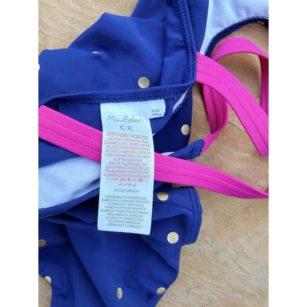 Mini Boden Girls Navy Pink Polka Dot Swimsuit Size 9-10